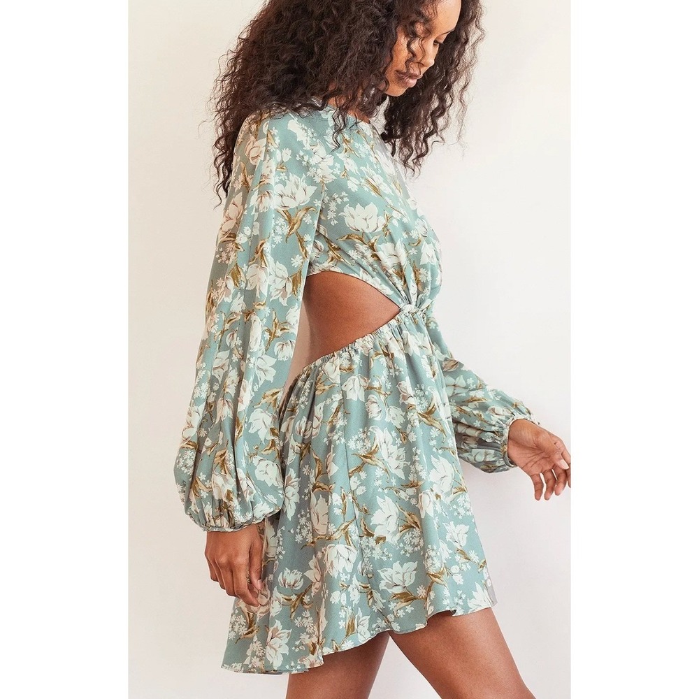 Lulus Dress Women Medium First Blooms Dusty Blue Floral Print Long Sleeve Cutout - Picture 6 of 13